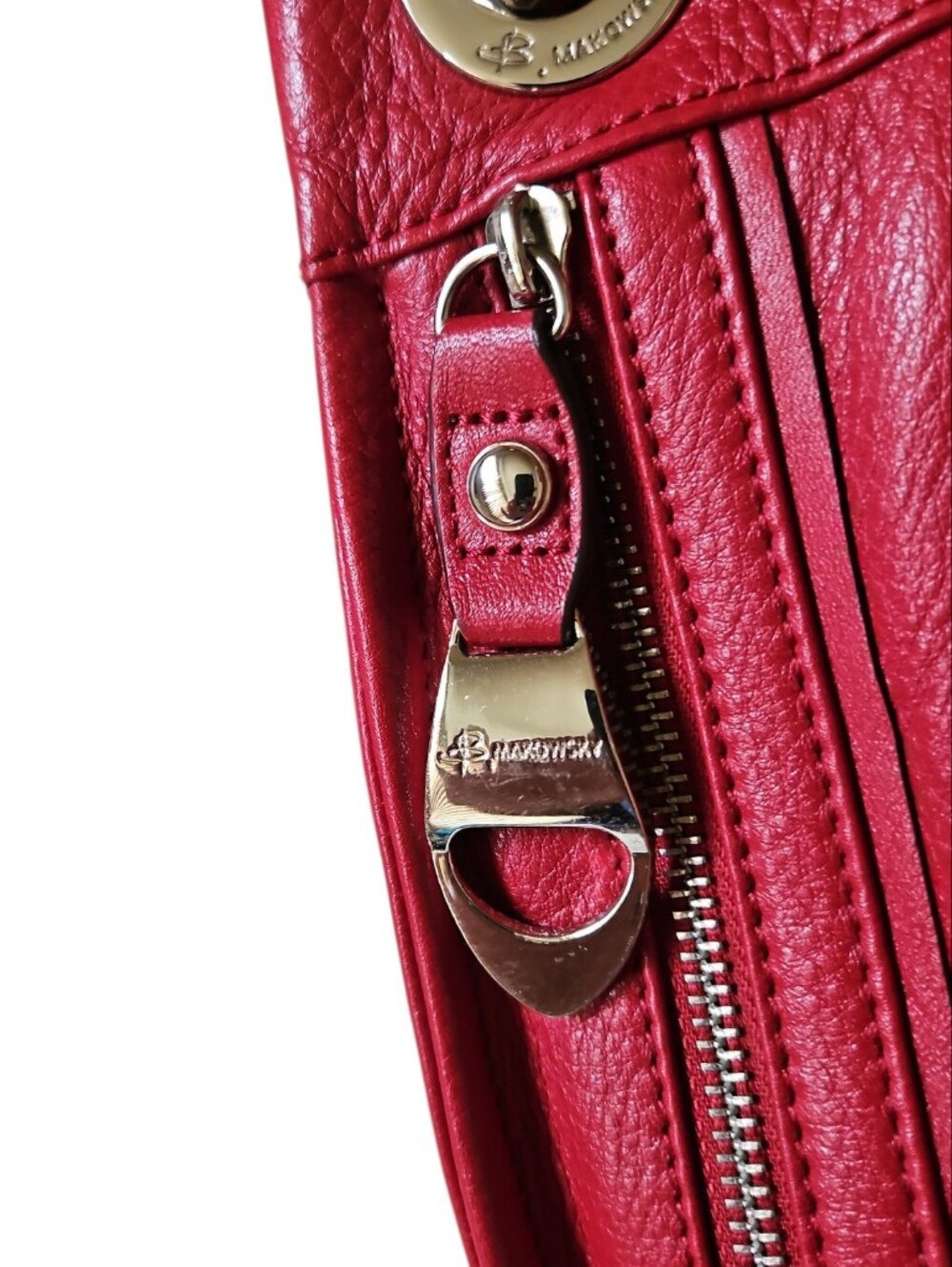 B. Makowsky Red Pebbled Leather Crossbody Bag Genuine Leather Silver Hardware - Picture 5 of 7